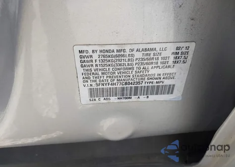 2012 Honda Pilot Ex-L from USA, damaged, VIN 5FNYF4H77CB042357